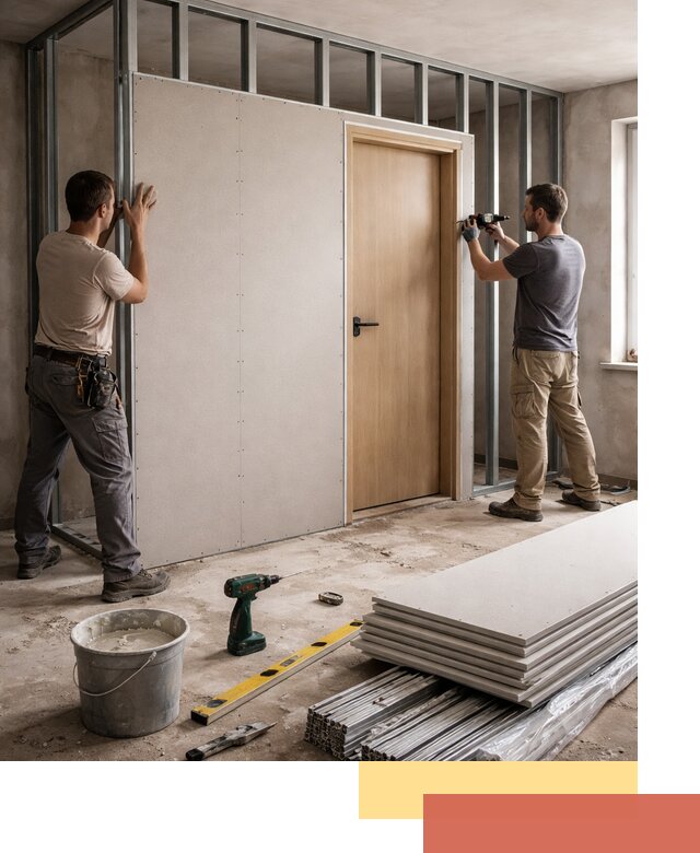 Перегородка из гипсокартона с дверью под ключ в Южно-Сахалинске