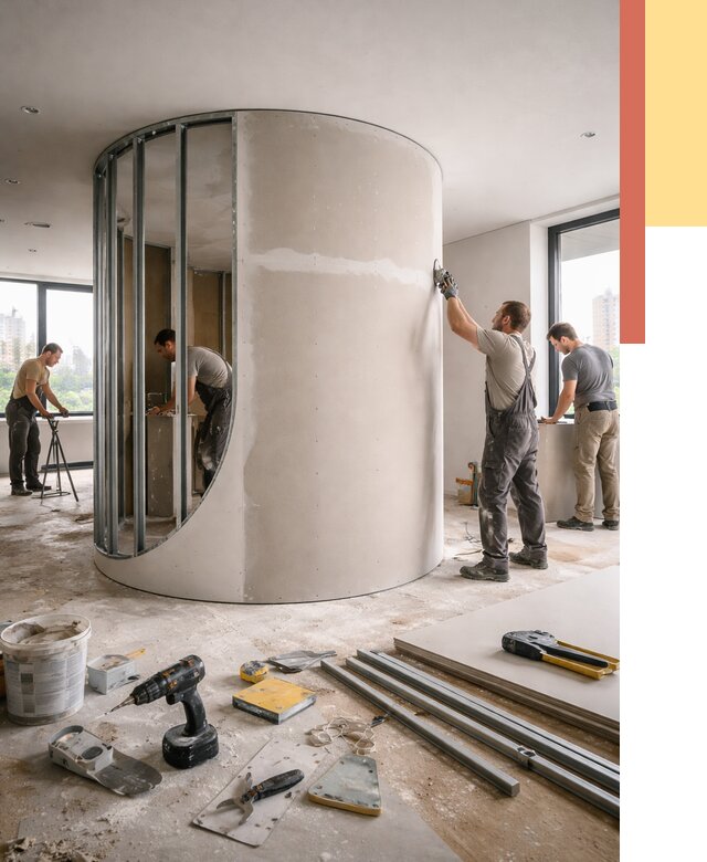 Радиусная перегородка из гипсокартона в Южно-Сахалинске от 2996 руб. под ключ | ОТДЕЛОЧНИК-Южн