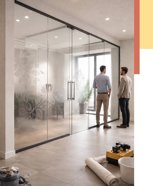 Стеклянные перегородки с рисунком в Южно-Сахалинске от 12914 руб. монтаж и нанесение | ОТДЕЛОЧНИК-Южн