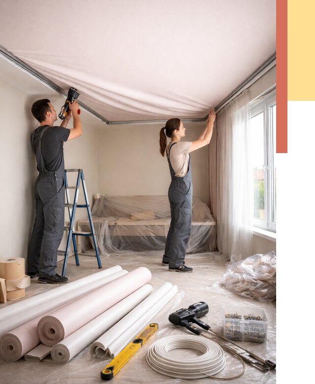 Монтаж цветного натяжного потолка в Южно-Сахалинске от 4339 руб/м² — быстро и недорого | ОТДЕЛОЧНИК-Южн