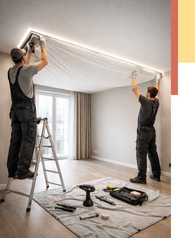 Монтаж парящего натяжного потолка в Южно-Сахалинске от 4649 руб. быстро и недорого | ОТДЕЛОЧНИК-Южн