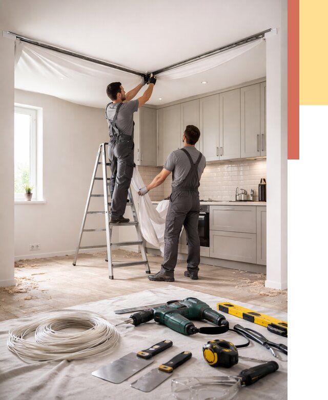 Установка натяжного потолка на кухне в Южно-Сахалинске от 2479 руб. | ОТДЕЛОЧНИК-Южн