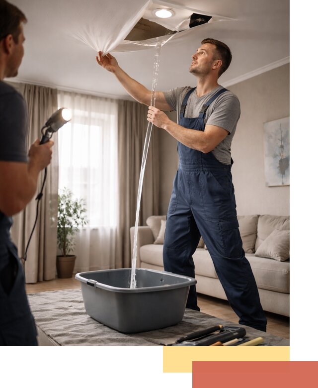 Слив воды с натяжного потолка в Южно-Сахалинске быстро и аккуратно